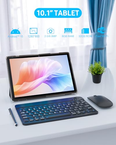 Image of 2 in 1 Tablet with Keyboard Mouse and Stylus Case, Android Tablet 14 Tablet PC, 6GB RAM + 32GB ROM, 1TB Expanding Stand, 6000mAh Battery, 10.1 Inch IPS Tablet, 2MP+8 Tablet
