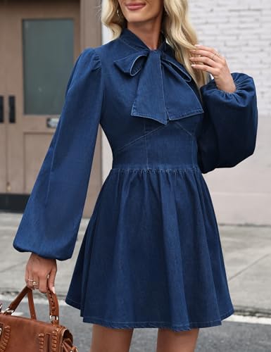 Denim Dress for Women, Puff Long Sleeve Jean Dresses Bow Tie Babydoll Denim Mini Dress3