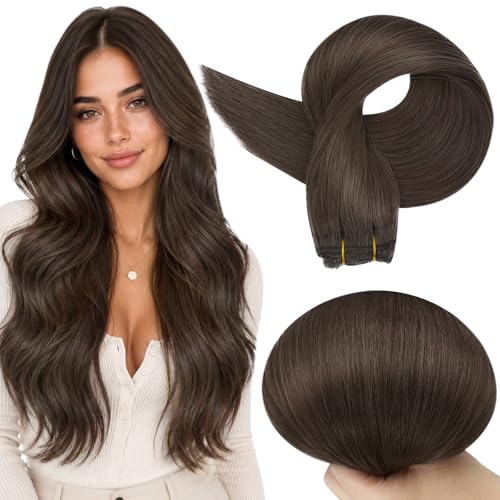Image of Full Shine Sew In Hair Extensions Real Human Hair Mocha Ash Brown 14 Inch | Mocha Brown With Ash Undertones, Invisible Weft, Sew In Install, Real Human Hair, Add Length For Daily Wear, Seamless Blend