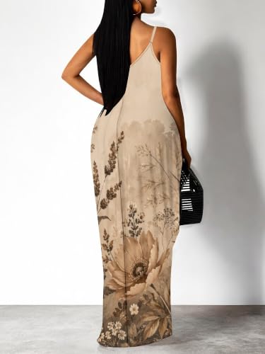 Image of Women's Summer Maxi Dress Spaghetti Strap Floral Boho Beach Long Sundress with Pockets