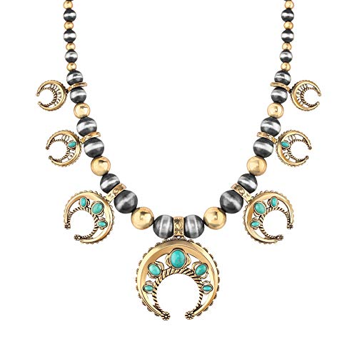 American West Sterling Silver and Brass Blue Turquoise Gemstone Naja Squash Blossom Statement Necklace 17 Inch