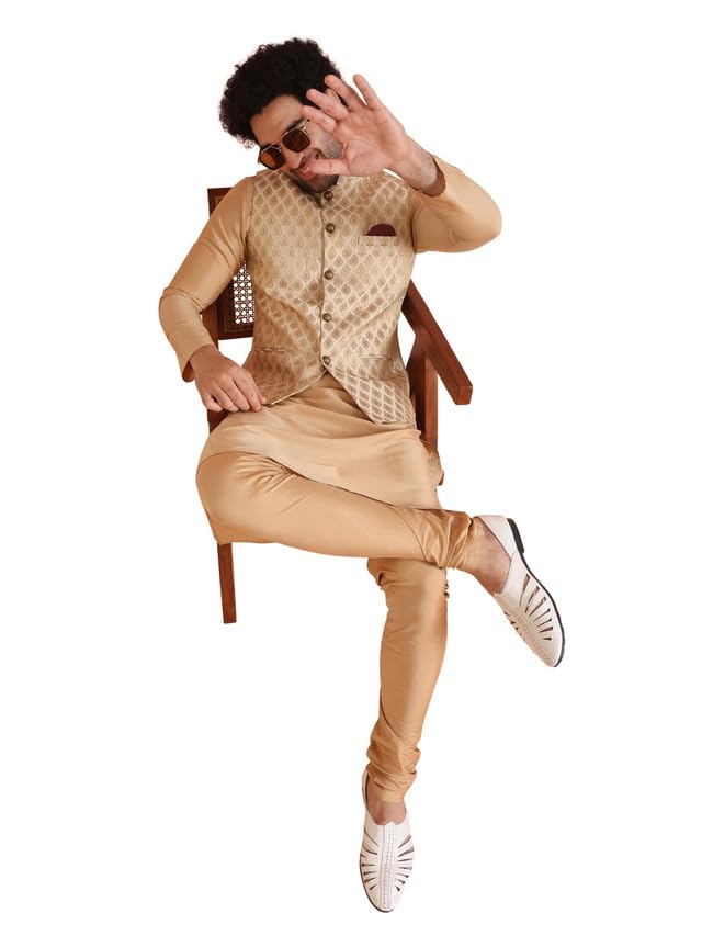 Kisah Men Kurta Jacket Churidar Set, Cream Silk Blend, Jacquard Regular Fit Mandarin Collar Long Sleeves, 44