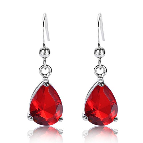 [RIZILIA LÁGRIMA] Pendientes largos Piercing Aretes con Corte de Pera Piedras Preciosas Circonita CZ [Rubí Rojo] en 18K Chapado en oro blanco, Elegancia Moderna Sencillo