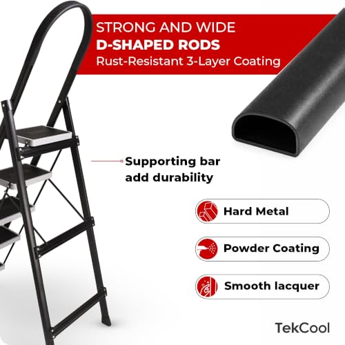 Image of TEKCOOL 5 Step Ladder for Home Use with Built-in Tool Tray | Heavy Duty D Shape Rods | 20 x 30 cm Large Platform | Wide Rubber Feet | Secure Lock | 150Kg Capacity Foldable Ladder