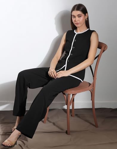 Image of Selvia Women's Sleeveless Button West Top with Straight Pants, Chic Formal Co-Ord Set