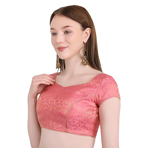 Image of Women's Short Sleeve Brocade (Chanderi) Readymade Stitched Saree Blouse Ready to Wear Half Sleeves Ladies Blouse
