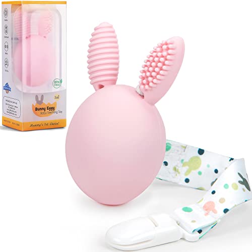 Image of Bunny Eggy Baby Teething Toy Toothbrush Teether Rattle Easter Egg Bunny Rabbit Toy Teething Pain Relief for Babies Infants Boys Girls (Pink)