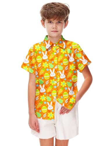 Image of Remimi Unisex Kids 4th of July Button Up Shirt Boys American Flag Print Hawaiian Beach Short Sleeve Tops 5-14 Years