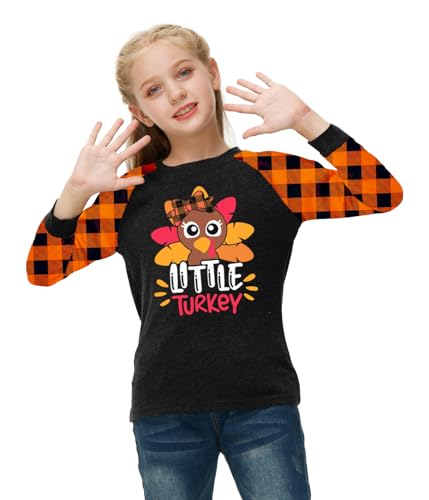 Image of Remimi Girls Thanksgiving Shirts Buffalo Plaid Raglan Tee Cute Turkey Holiday Party Long Sleeve Tshirt 5-14 Years