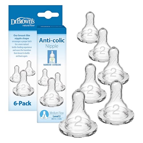 Image of Dr. Brown’s Natural Flow Level 2 Narrow Baby Bottle Silicone Nipple, Medium Flow, 3m+, 100% Silicone Bottle Nipple, 6 Count