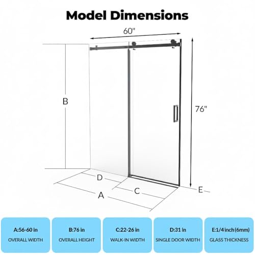 Image of 56-60 inch W x 76 inch H Frameless Sliding Shower Door, 5 /16 inch Waterproof Tempered Glass with Explosion-Proof Film, Clear Glass, Matte Black Handle & Seal Strip
