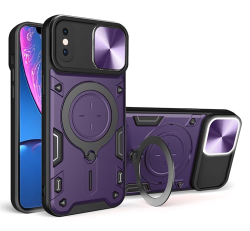 SORAKA Case for iPhone X with Ring Holder and Slide Camera Cover iPhone Xs case with Metal Plate for Magnetic Car Mount Rigid PC Cover Soft TPU Bumper Rugged Case Purple