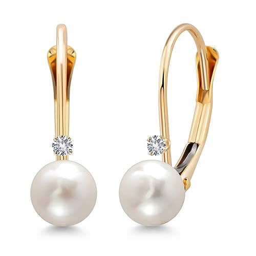 Gem Stone King White Cultured Freshwater Pearl and Gemstone Birthstone Leverback Earrings for Women in 14K Yellow Gold | Pearl: 5.5MM and 1.5MM Round Accent | Drop Dangle Fine Jewelry for Her Mom Wife