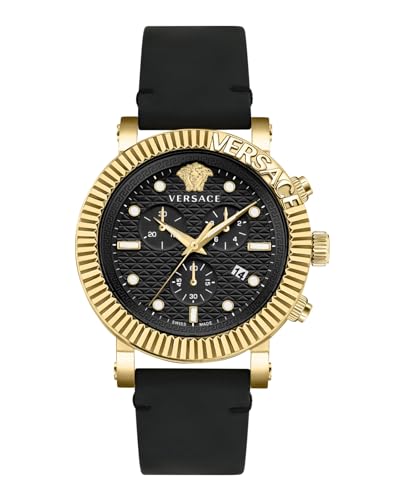 Versace V-Chrono Classic Collection Luxury Mens Watch Timepieces with a Black Strap and Dial Featuring a Gold Case