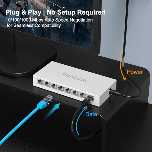 Image of 8 Port Gigabit Ethernet Switch - VunLink Unmanaged Network Switch Hub, Desktop Ethernet Splitter, Fanless & Energy Efficient, Plug-and-Play, High-Speed Connection for Home, Office, NAS, Gaming