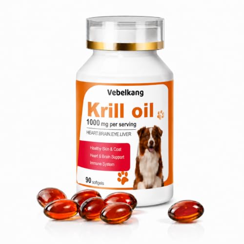 Vebelkang Krill Oil Omega 3 Supplement for Dogs, Allergy & Itch Relief, Skin and Coat Support for Shedding, Softgels for Joint Health with EPA DHA & Astaxanthin, 90 Count