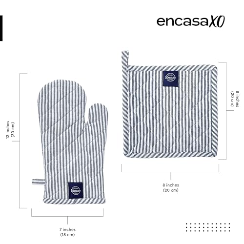 Image of Encasa XO Heat Resistant 100% Cotton Oven Glove & Potholder Set with Loop, Kitchen Cooking Mittens, Microwave Safe Hot Pads (Ticking Navy Blue)
