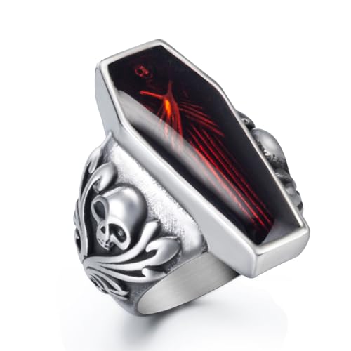 Skull Rings for Men Stainless Steel Gothic Vampire Bloody Red Enamel Coffin Bike Jewelry Size 8-14