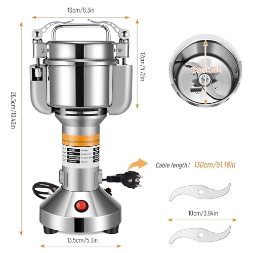 Getreidemühlen Elektrisch, Couleeur Rostfreier Stahl Schnelle Superfine Mühle Kornmühlen Trocken Kräuter Getreide Grinder mit Überlastschutz für Kräuter Gewürze Nüsse Getreide Herb Powder Maschine