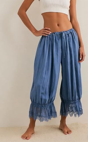 Image of NUFIWI Women Ruffle Long Bloomer Y2k Lace Trim Pettipants Pantaloons Mid Rise Cropped Pajama Pants Under Dress Slips