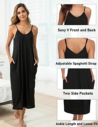 Marvmys Womens Cotton Long Nightgowns Spaghetti Strap V Neck Full Slip Sleep Shirts with Pockets4
