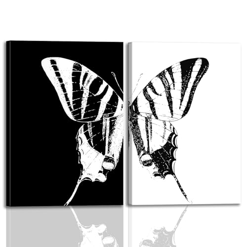 2Pcs Framed Large Black and White Butterfly Canvas Print Wall Art Minimalist Butterfly Themed Poster Picture Painting Suitable for Living Room Bedroom Office Gallery 12x16in Ready to Hang