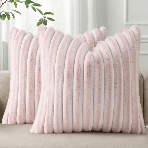 Image of Pallene Faux Fur Plush Throw Pillow Covers 16x16 Set of 2, Luxury Soft Fluffy Striped Decorative Pillow Covers for Sofa, Couch, Living Room, Ombre Pink