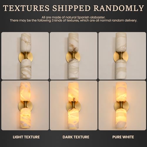 Image of Gold Alabaster Wall Sconces Set of 2, 14in Spanish Natural Marble Sconce, Modern Stone Wall Light, Dimmable Alabaster Vanity Light Hardwired Brass Wall Lamp for Bathroom Mirror, Bedroom, Hallway