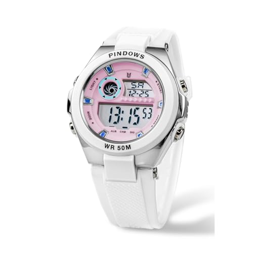 PINDOWS Relojes Deporte Digital Hombre, Pantalla Digital Analógica Relojes con Impermeable Alarma,Cronómetro,Timbre horario,Relojes Militares Multifunción,Plata