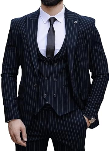 YZRIZM Men's Casual Suits Fit 3 Piece Tuxedos Stripe Double Breasted Blazer Vest Pants for Wedding