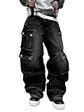 DFGIGT Mens Goth Baggy Cargo Jeans with Pockets Steampunk Patchwork Embroidery Wide Leg Denim Pants Jinco Punk Casual Fashion Cargo Pants Y2k Gothic Relaxed Loose Oversized,F11 Black,Medium