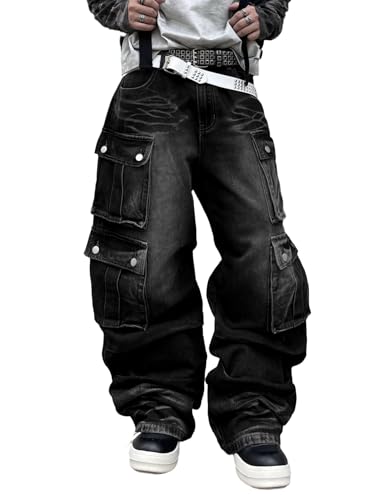 DFGIGT Mens Goth Baggy Cargo Jeans with Pockets Steampunk Patchwork Embroidery Wide Leg Denim Pants Jinco Punk Casual Fashion Cargo Pants Y2k Gothic Relaxed Loose Oversized,F11 Black,Medium