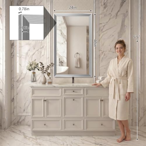 Image of DESBING 24 inchx40 inch Silver Bathroom Mirrors for Over Sink | Tempered Glass, Metal Frame, Rectangle Vanity Wall Mirror for Bathroom, Living Room, Bedroom, Horizontally or Vertically