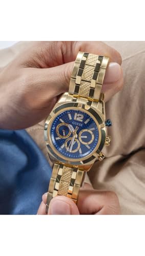 Image of Guess Stainless Steel Analog Blue Dial Men's Watch-Gw0714G2, Band Color-Gold
