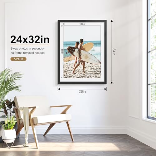 Picrit 24x32 Black Poster Frame 7 Pack, Display Pictures 20 x 28 Picture with Mat or 24 x 32 without Mat for Horizontal or Vertical Wall Mounting, Wall Gallery Photo Frames