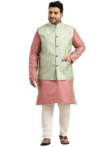 Image of SOJANYA Men's Silk Blend Printed Kurta & Pant With Nehru Jacket