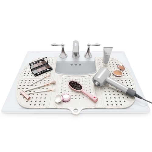 Sink Topper Bathroom Counter Cover & Storage Saver Foldable Silicone Mat for Hot Tools Hair Styling & Makeup Beauty Brush Cleaning Mat RV Camper Sink Cover & for Small Spaces (Large Pearl)
