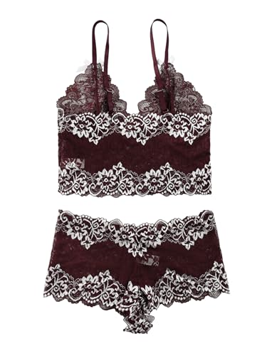 Image of Lilosy Sexy Lingerie for Women Lace Pajamas Set Cami Bra and Panty High Waist Sheer Sleepwear 2 Piece 2XS-6XL