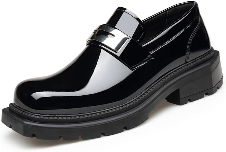 Men's Platform Slip-On Oxford Shoes Mens Shiny Patent Leather Dress Shoes Wingtip Brogue Shoes for Men