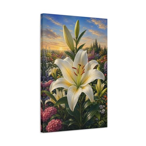 Toile lys blanc salon tableau floral vertical 40x60 cadre épais 3cm pour console design