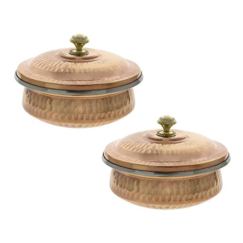 PARIJAT HANDICRAFT Dinnerware Indian Set of 2 Serving Bowl Copper Tureen with Lid 700 Ml