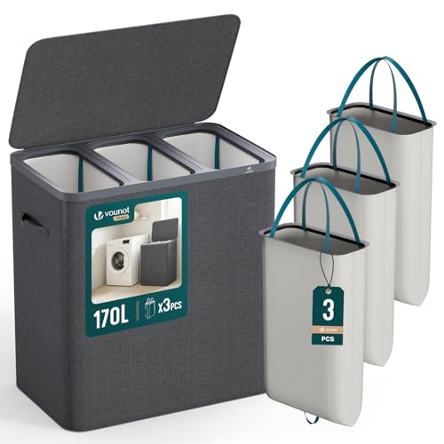 VOUNOT® Cesto Ropa Sucia con Tapa 170L Cesta para la Colada 3 Compartimentos Cubo Ropa Sucia Plegable con Bolsas Interiores Extraíbles y Asas Laundry Basket para Lavandería Dormitorio Baño Antracita