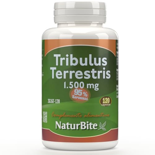 Tribulus Terrestris 1500mg en cada Cápsula 95% Saponinas 120 Cápsulas, NaturBite. Salud Masculina y Cardiovascular. Optimiza las funciones masculinas y la energía, ayudando a la recuperación muscular