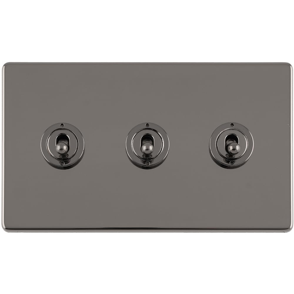 3 Gang Triple Retro Toggle Light Switch SCREWLESS Black Nickel 10A 2 Way Lever - Classic Vintage Style Flick Lever Wall Plate