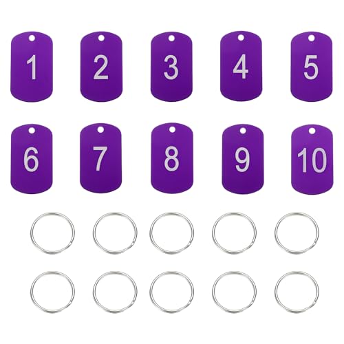 PATIKIL 10PCS Etiquetas Numéricas 1-10, Etiquetas Numéricas Para Mesa Llaveros Aluminio Con Números Rectangulares Metálicos Con Anillas Para Llaves Para Organizador Ventas, Morado