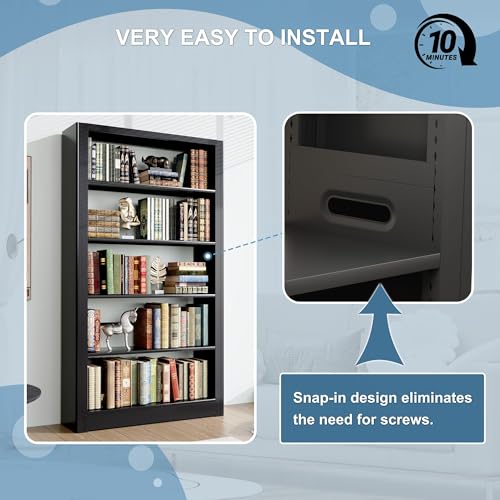 Image of VASAAOSD Metal Bookshelf, 5 Tier Black Bookcase with Adjustable Storage Shelves, 69 inch Tall Book Shelf for Home Office, Bedroom, Library, Living Room, Easy to Assemble