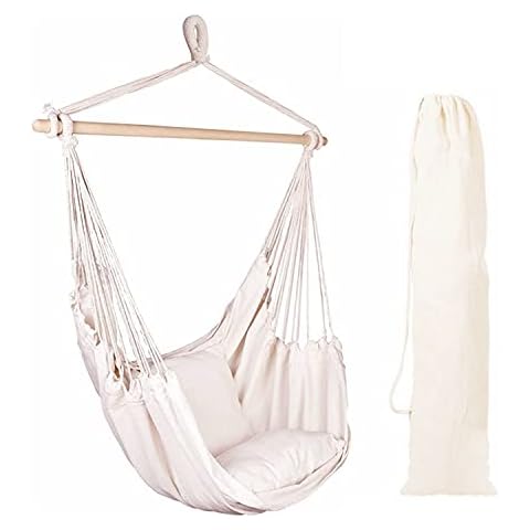 EverKing Hanging Rope Hammock Chair Porch Swing Seat, Large Hammock Net Chair Swing, Cotton Rope Porch Chair for Indoor, Outdoor, Garden, Patio, Porch, Yard - 2 Seat Cushions Included (White) Cover
