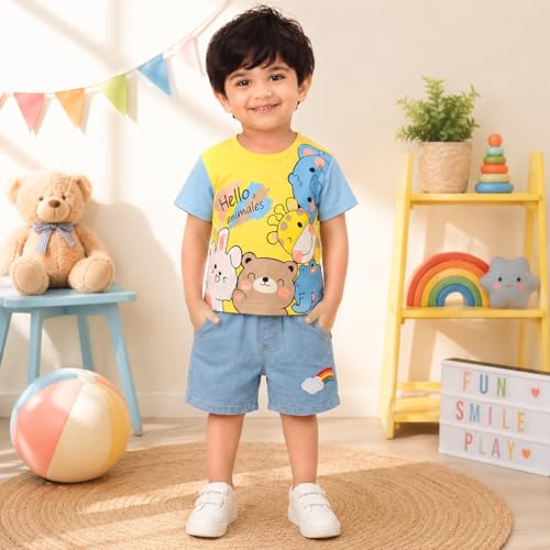 Image of Krishn Creations Kids Clothes for Boys | Cotton Printed Half Sleeve T-shirt and Shorts Baby Boy Dress | Casual Wear Kids Clothes