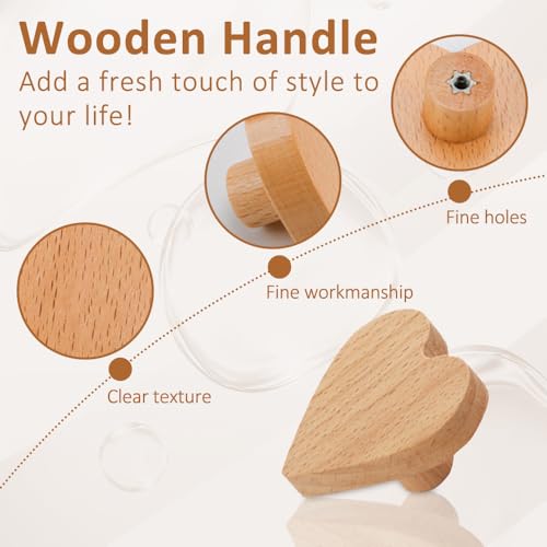 quiodok 6 Stück Möbelknöpfe Holz Herz Schrankknauf Holzgriffe für Schränke Schrankknöpfe Holz mit Schrauben für Dekoration, Möbelknopf für Schubladen, Schrank, Kommode