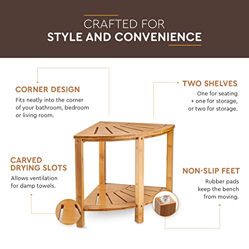 Bamboo Corner Shower Bench - Shower Stool, Shaving Stool With Non-Slip Feet - Wood 2-Tier Seat With Storage Shelf - Bathroom, Living Room, Bedroom, Garden Etc. Seat Or Organizer #TOP2